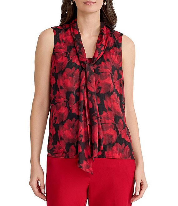 Kasper Sleeveless Tie Front Floral Print Top