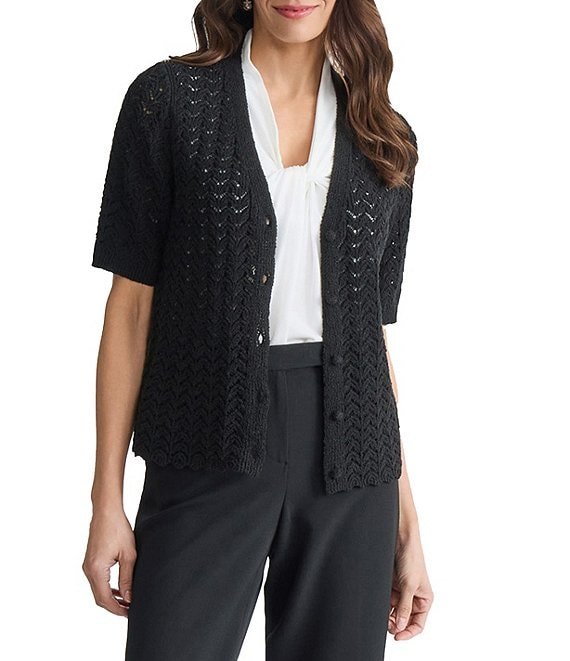 Kasper Textured Short Sleeve Button Front Cardigan