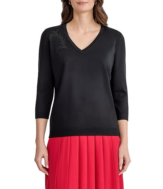 Kasper Three Quarter Sleeve V-Neck Top