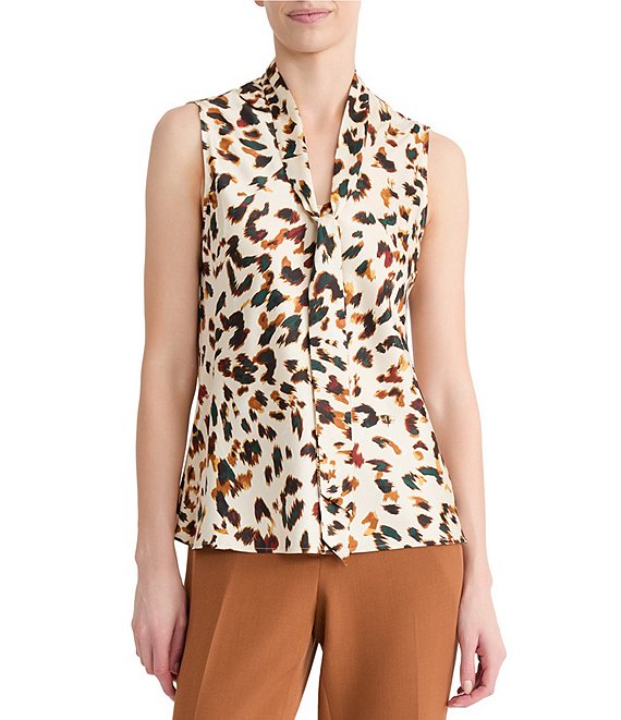 Kasper Tie Front Animal Satin Blouse