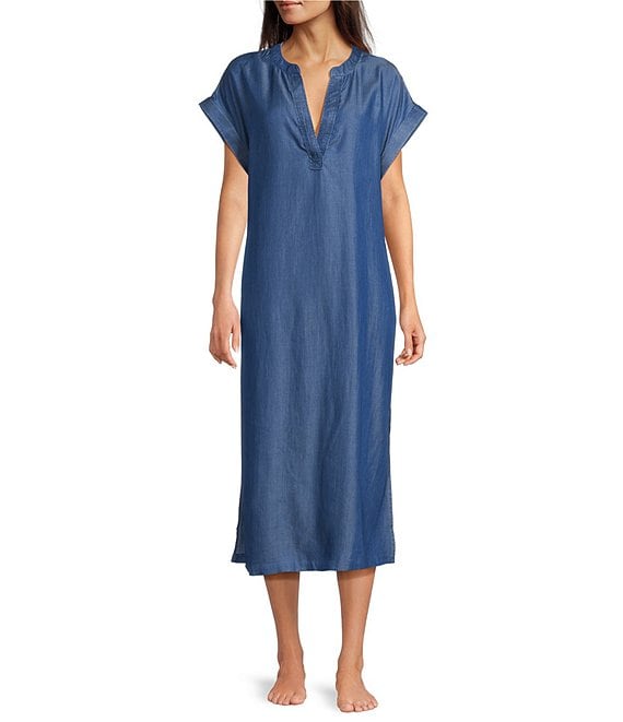 Kate Landry by Landry Solid Chambray Short Sleeve Split V-Neck Woven Caftan