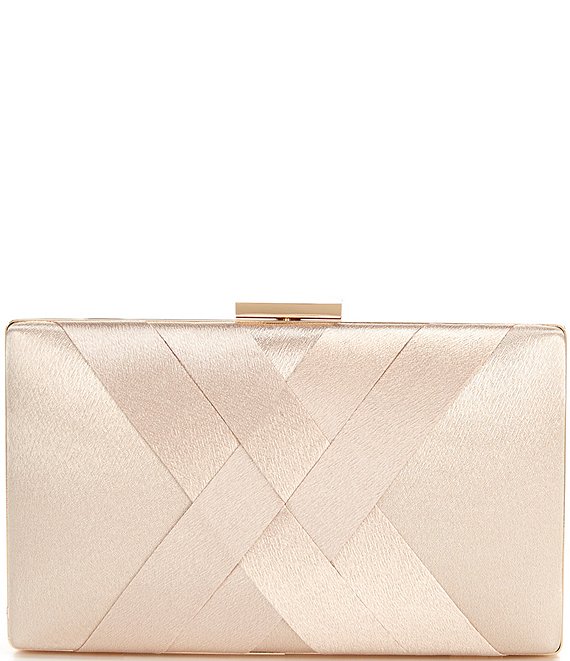Color:Champagne - Image 1 - Satin Woven Front Minaudiere Clutch