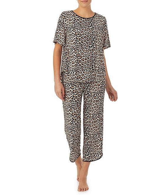 Color:Brown Animal Print - Image 1 - Animal Print Jersey Cropped Coordinating Pajama Set