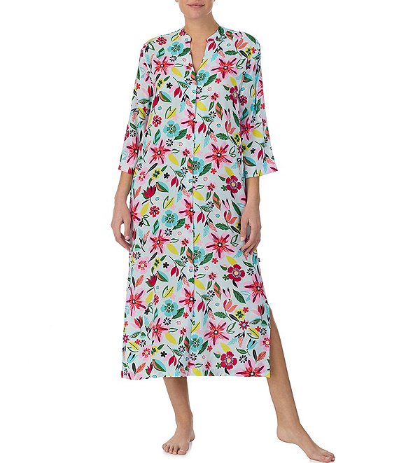 kate spade new york Aqua Floral Print Split Round Neck 3/4 Sleeve Side ...