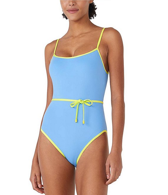 kate spade new york Striped Side Tie Plunge Neck One Piece Swimsuit