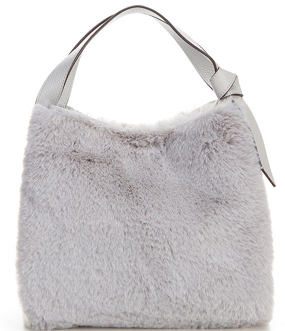 Color:Platinum Grey - Image 1 - Knott Faux Fur Medium Crossbody Tote Bag