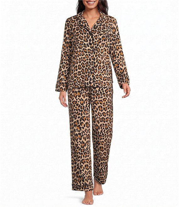 kate spade new york Leopard Print Long Sleeve Notch Collar Brushed Jersey Knit Pajama Set