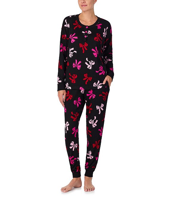 kate spade new york Long Sleeve Henley Jogger Sweater Knit Bow Print Holiday Pajama Set