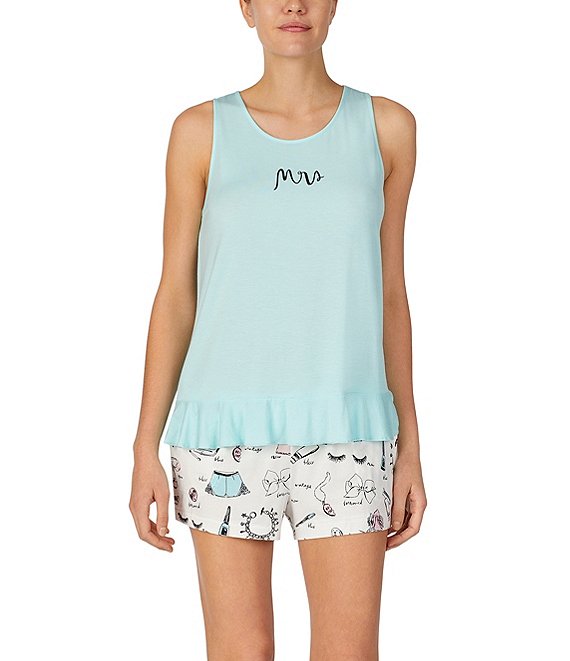 Color:Aqua/Novelty Print - Image 1 - Mrs. Knit Tank & Shorts Bridal Pajama Set