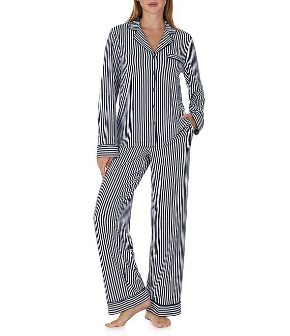 kate spade new york Navy Stripe Print Long Sleeve Notch Collar Brushed Jersey Knit Pajama Set