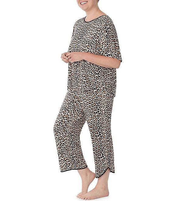 Color:Brown Animal Print - Image 1 - Plus Size Animal Print Jersey Cropped Round Neck Short Sleeve Coordinating Pajama Set