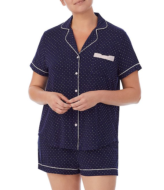 Color:Navy Dot - Image 1 - Plus Dot Print Notch Collar Short Sleeve Knit Shorty Pajama Set