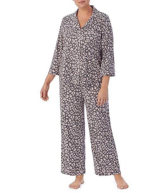 Color:Grey Novelty - Image 1 - Plus Size Notch Collar 3/4 Sleeve Sketched Leopard Print Knit Pajama Set