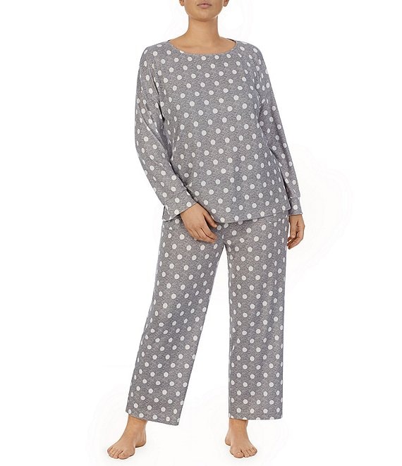 Color:Grey Dot - Image 1 - Plus Size Polka Dot Print Long Sleeve Round Neck Cropped Pajama Set