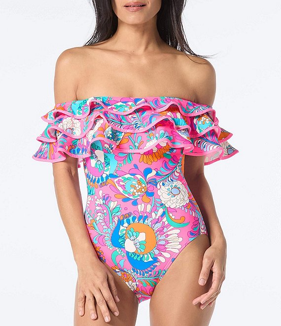 kate spade new york Sea Garden Floral Print Off-the-Shoulder Ruffle One  Piece Swimsuit