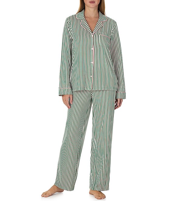 kate spade new york Timeless Stripe Print Long Sleeve Notch Collar Brushed Jersey Knit Pant Pajama Set