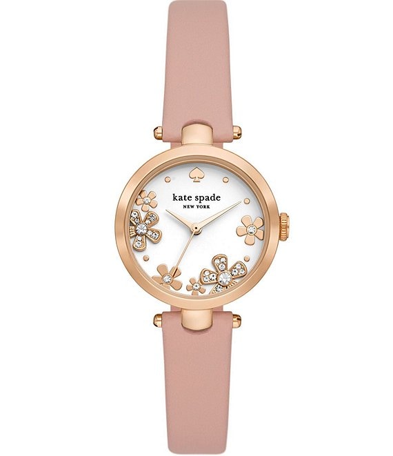 kate spade new york Women's Floral Crystals Holland Three Hand Pink Leather  Strap Watch
