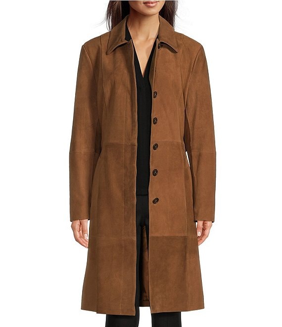 Katherine Kelly Genuine Leather Suede Classic Point Collar Trench