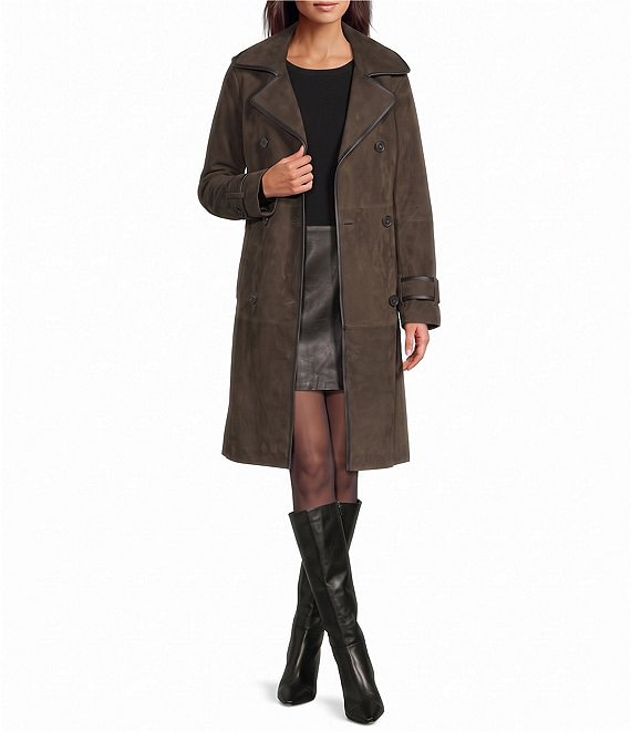Katherine Kelly Genuine Leather Suede Olive Classic Trench Coat