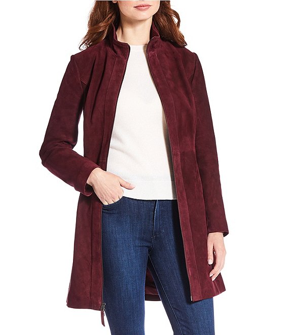 Katherine Kelly Genuine Leather Suede Zip front Stand Collar Jacket, Merlot - Image 1