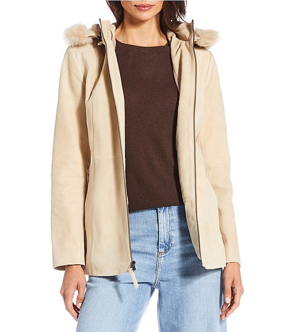 Katherine Kelly Genuine Suede Leather Jacket With Removable Shearling Hood, Stone - Image 1
