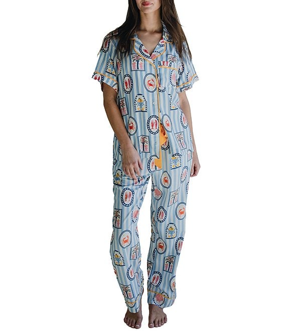 Katie Kime Seaside Stripe Short Sleeve Notch Collar Woven Long Pajama Set
