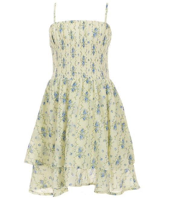 KatieJNYC Big Girls Floral Print Peri Dress, Creme Floral Stripe - Image 1
