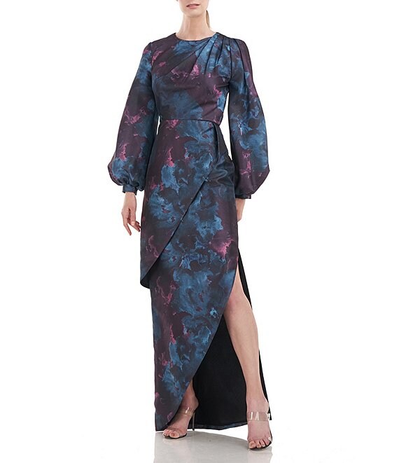 Kay Unger Abstract Jewel Neck Long Puff Sleeve Open Slit Layered Gown ...