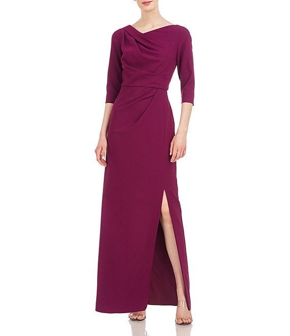 Kay Unger Asymmetrical Neck Front Slit Pleated Bodice Gown | Dillard's