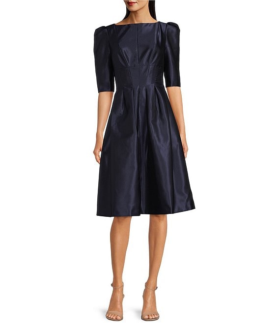 Kay Unger Boat Neck Short Puffed Sleeve Jacquard A-Line Dress | Dillard's