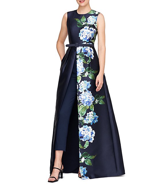 Kay Unger Finley Mikado Floral Print Crew Neck Sleeveless Straight Leg  Belted Walk Through Gown