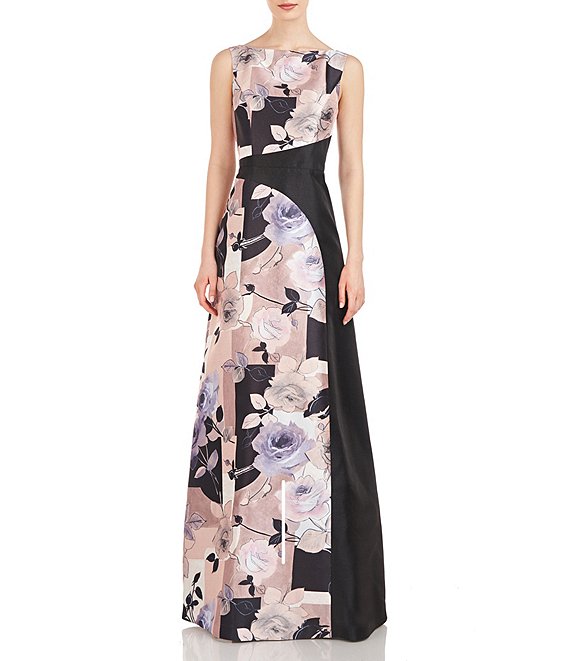 Kay Unger Floral Boat Neckline Sleeveless Contrast Gown | Dillard's