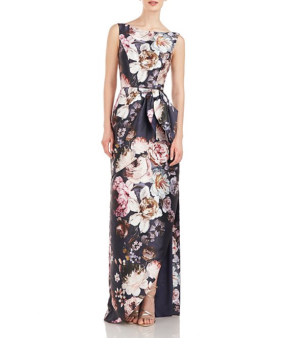 Kay Unger Floral Boat Neckline Sleeveless Ruffle Knot Bodice Gown with  Asymmetrical Hem