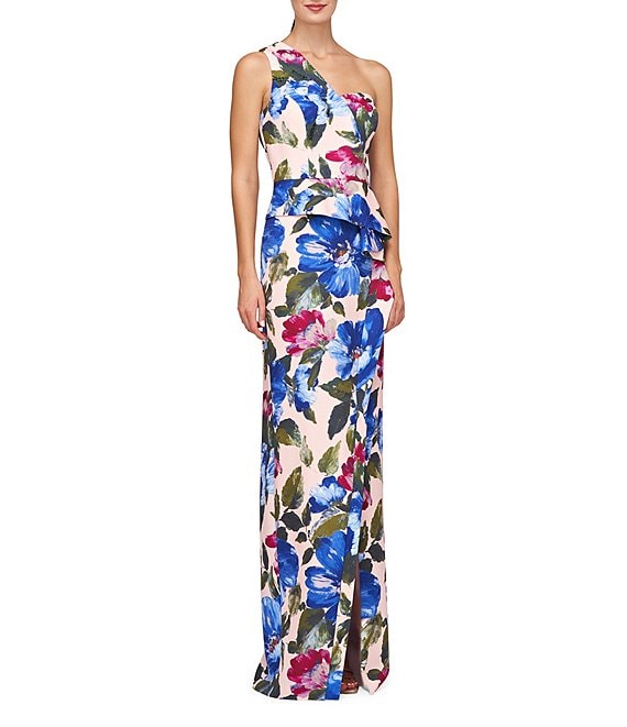 Kay Unger Floral Crepe One Shoulder Sleeveless Gown | Dillard's