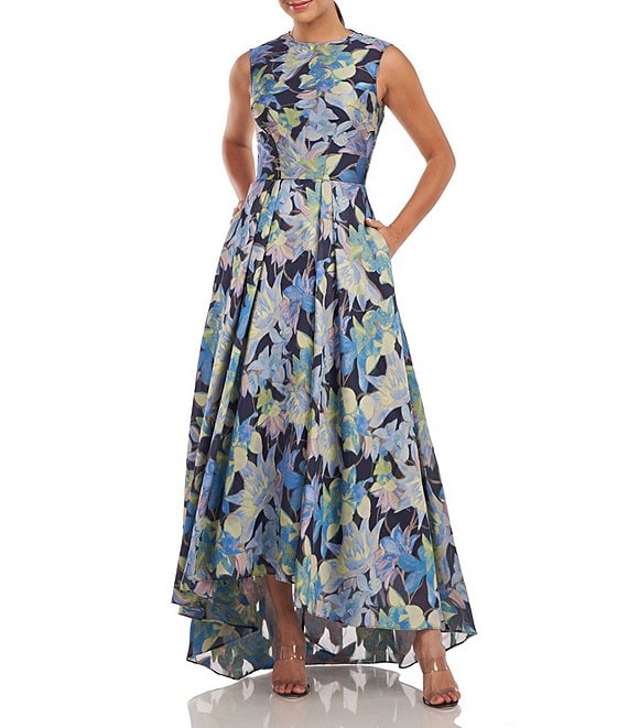 Kay Unger Floral Jacquard Crew Neck Sleeveless Fit and Flare High-Low Hem  Dress