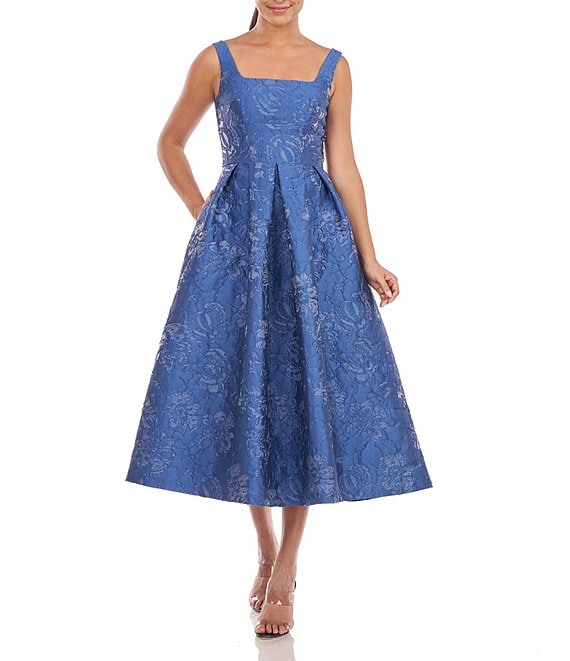 Kay Unger Floral Jacquard Square Neck Sleeveless A-Line Dress | Dillard's