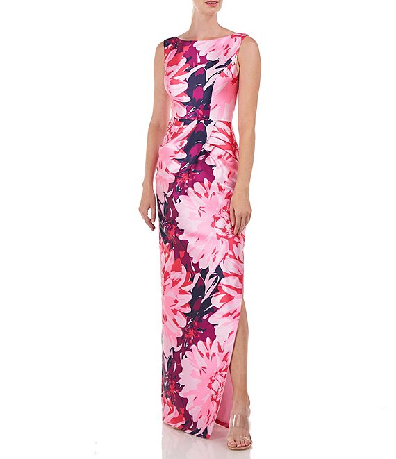 Kay Unger Floral Print Boat Neck Sleeveless Pleated Gown | Dillard's