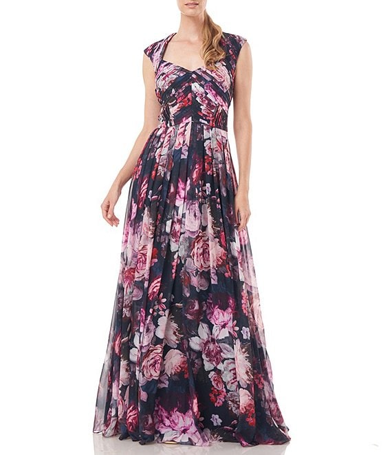 Kay Unger Floral Print Chiffon Sweetheart Square Neck Cap Sleeve ...