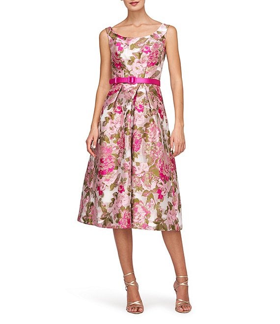 Kay Unger Floral Print Metallic Organza Jacquard Scoop Neck Sleeveless Belted Dress Dillard s