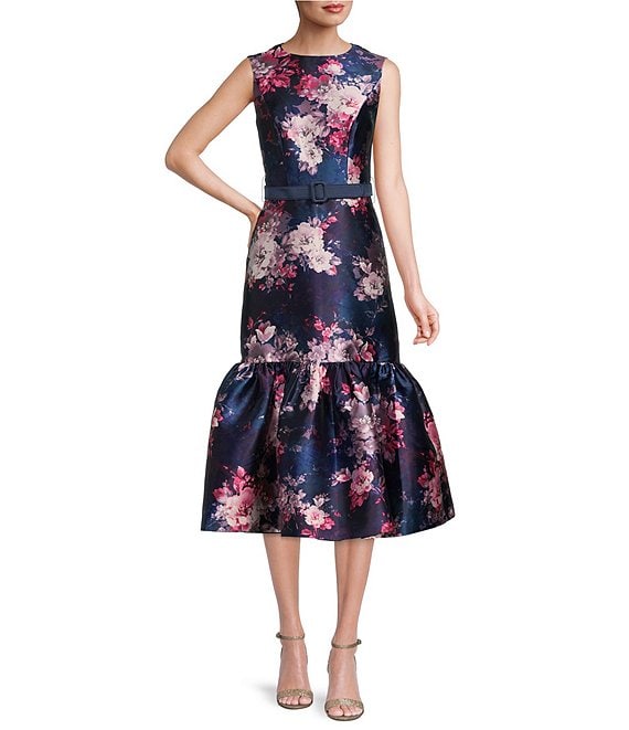 Color:Wood Rose - Image 1 - Floral Print Sleeveless Jewel Neck Belted Flounce Hem Dress