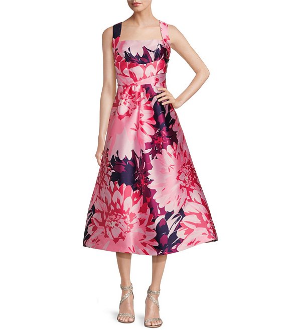 Kay Unger Floral Print Square Neck Pleated Bodice A-Line Dress | Dillard's
