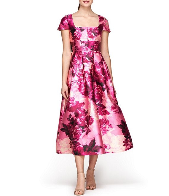 Kay Unger Floral Print Square Neck Short Sleeve Pleated A-Line Dress |  Dillard's