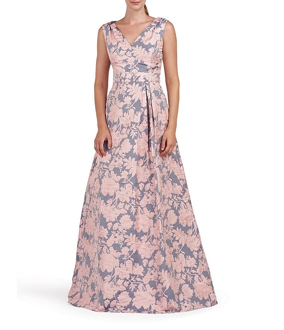 Kay Unger Glenna Floral Jacquard V-Neck Sleeveless Pleated Gown | Dillard's