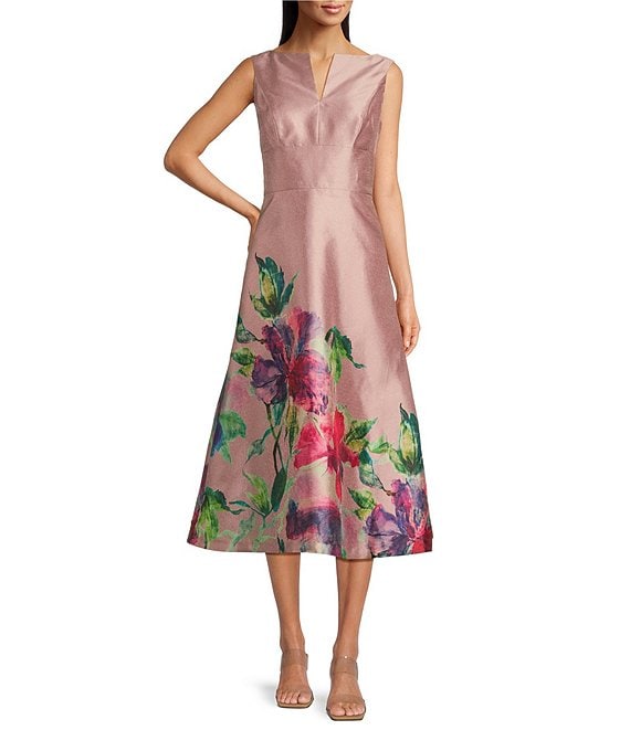 Kay Unger Marlene Metallic Organza Floral Print Split V Neck Kay Unger Marlene Metallic Organza Floral Print Split V Neck