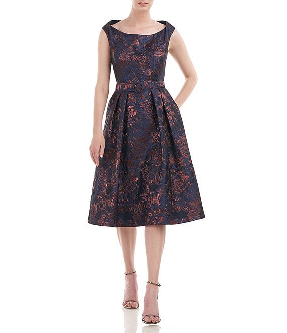 Kay Unger Metallic Floral Print Boat Neck Cap Sleeve Belted A-Line ...