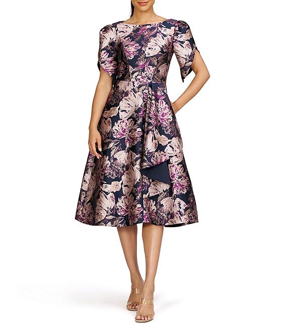 Kay Unger Natasha Floral Jacquard Boat Neck Short Tulip Sleeve Ruffle ...