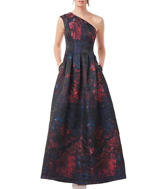 Kay Unger Floral Printed Jacquard One Shoulder Sleeveless Pocketed A ...
