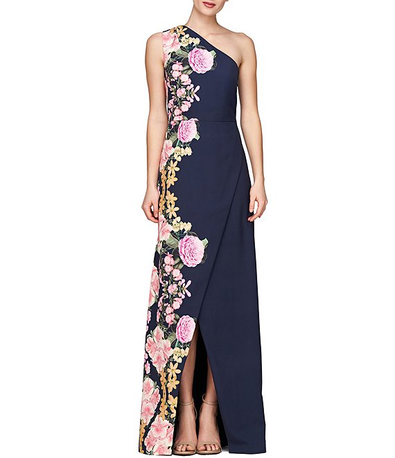 Kay Unger Stretch Crepe Floral Border Print One Shoulder Sleeveless ...