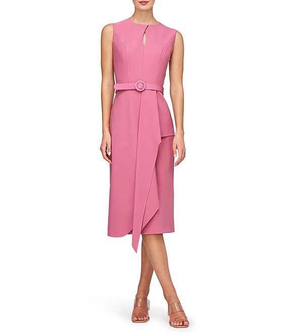 Kay Unger Stretch Crepe Keyhole Neck Sleeveless Drape Ruffle