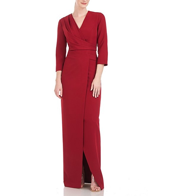 Kay Unger Stretch Pleated V-Neck 3/4 Sleeve Front Slit Gown | Dillard's